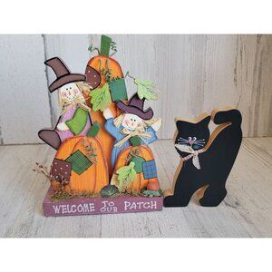 Wooden scarecrow patch black cat Halloween home decor set